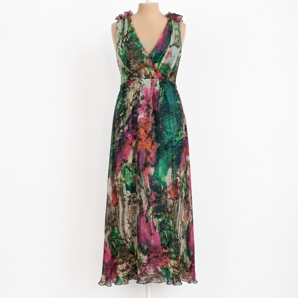 100% Silk Fairy Grunge Babydoll Maxi Dress Size M Green Abstract Ethereal Dreamy